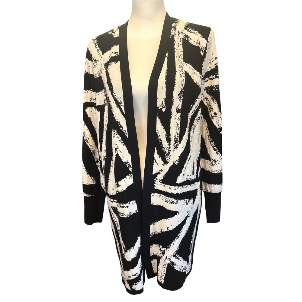 Chicos Brushed Geo Maxi Cardigan Sweater Ecru Black Abstract 570353420 NWT Sz 1